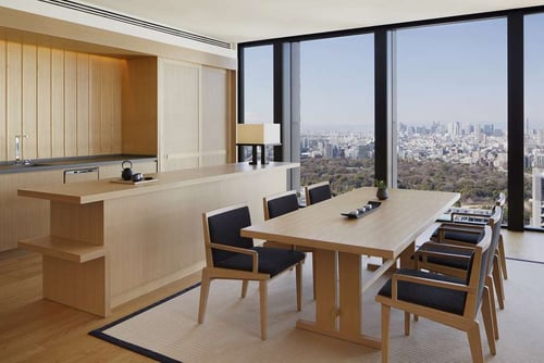 Boardroom-style meeting table with a city view